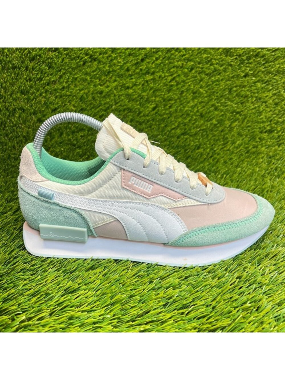 Puma Future Rider Girls Size 7C White Pink Green Athletic Running Shoes Sneakers
